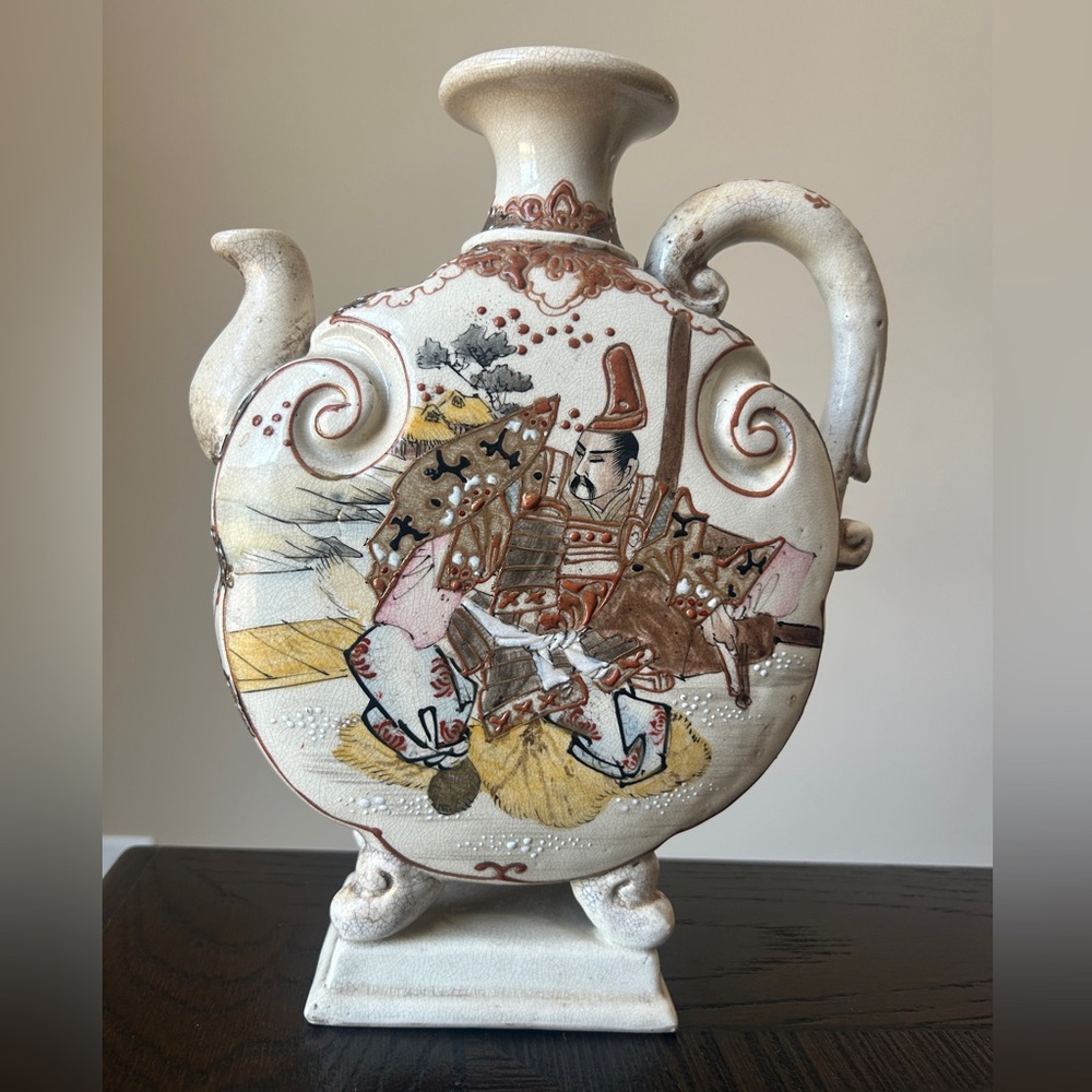 Antique Japanese Satsuma Ware Dual Sided Handmade Hand Painter Jug Vase Tea Pot